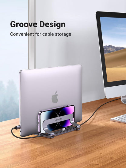 2-Slot Vertical Laptop Stand Holder Desk Compatible with Macbook Pro Air Laptop Stand Desktop Adjustable, Lenovo Ideapad, Surface Book, HP Notebook, Dell Chromebook up to 17.3 Inch, Space Gray