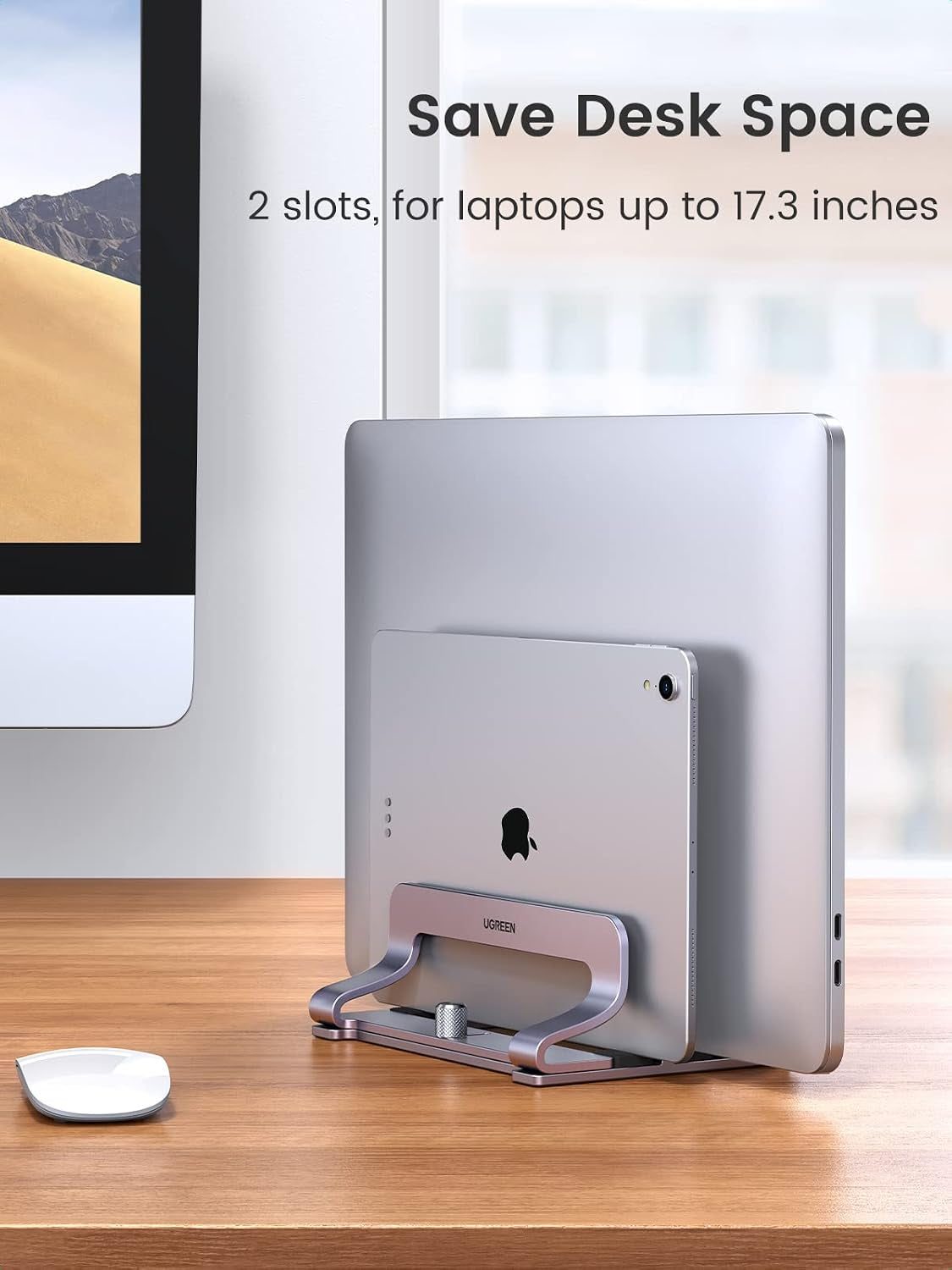 2-Slot Vertical Laptop Stand Holder Desk Compatible with Macbook Pro Air Laptop Stand Desktop Adjustable, Lenovo Ideapad, Surface Book, HP Notebook, Dell Chromebook up to 17.3 Inch, Space Gray